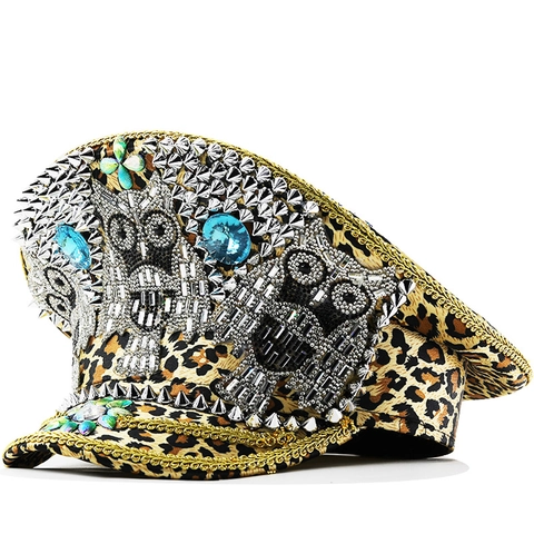 Sombrero De Capitán Militar Leopardo Con Tachuelas Diamantes Fiesta Actuación Disfraz Sombrero Con Búho Decoración Mujer