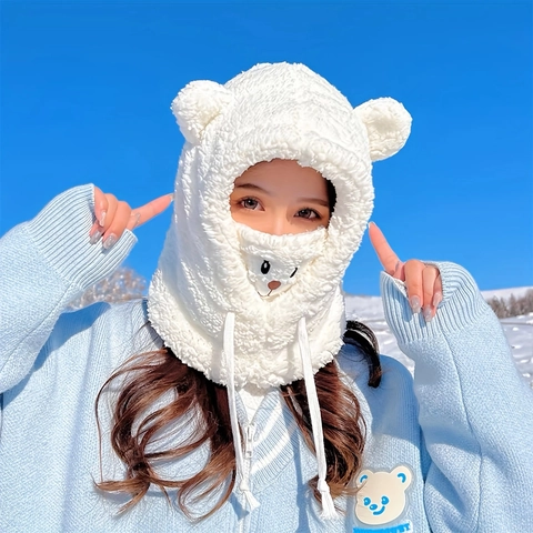 Bear Ears Plush Balaclava Hat Hood With Mask And Neck Warmer Embroidered Winter Warm Windproof For Women