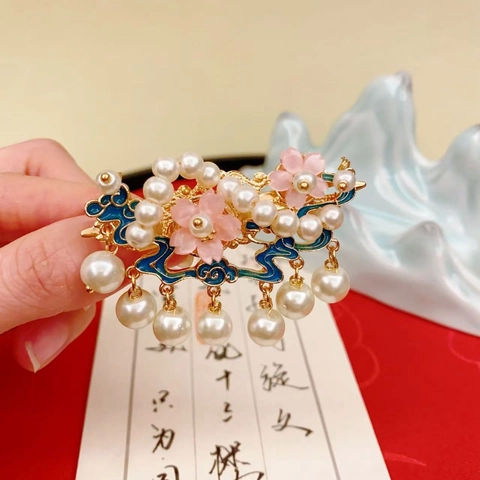 Pinza Para El Pelo Estilo Chino Aleación Esmalte Nube Azul Flor Rosa Perla Artificial De Imitación Borla Pico De Pato Hanfu Mujer