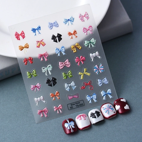 Strikje Nagelstickers 5D Stereoscopisch Reliëf Decals Kleurrijke Stippen Strepen Patronen Waterdicht DIY Manicure Decor