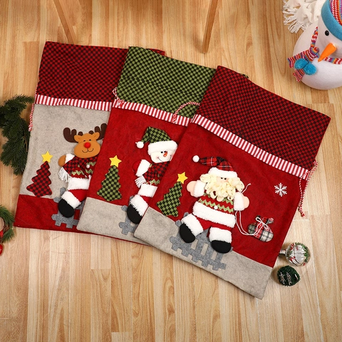 Weihnachts Geschenktüten Großer Kordelzugbeutel Stoff 3D Applikation Weihnachtsmann Schneemann Rentier Kariert Party Deko