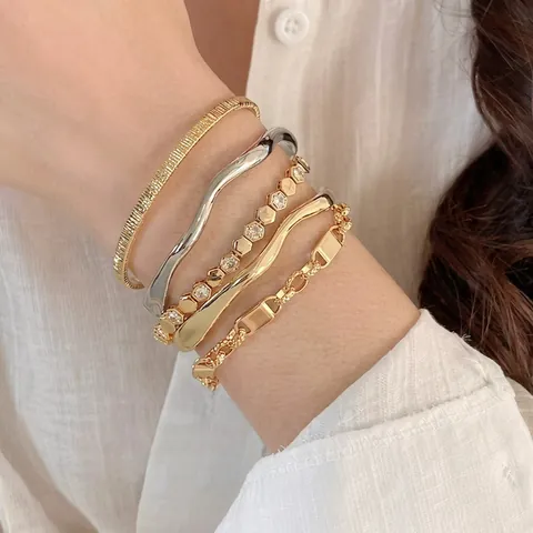 Bracciale Rigido Aperto In Rame Placcato Oro 18K Onda Geometrica Nido D Ape Zirconia Perla Artificial Per Donna Retrò Minimalista