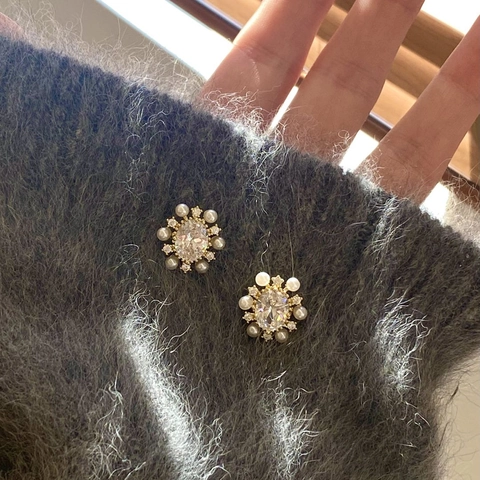 Orecchini A Fiore Con Zircone Perla Artificial E Perno In Argento Placcato Oro Vintage Francese Elegante Gioielli