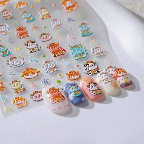 Pegatinas Para Uñas Con Relieve 3D Zodiaco Chino Animales Dibujos Animados Textura 5D Decoración De Manicura Autoadhesiva