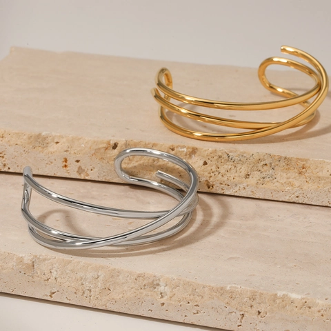 Bracciale Rigido Multistrato Acciaio Inossidabile Lucido Design Geometrico Filo Irregolare Regolabile Gioielli Minimalisti