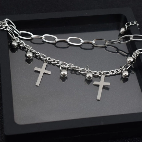 Dubbellaagse Roestvrijstalen Armband Kruis Ovale Religieuze Medaillon Bal Hangers Gothic Punk Sieraden Dames Heren