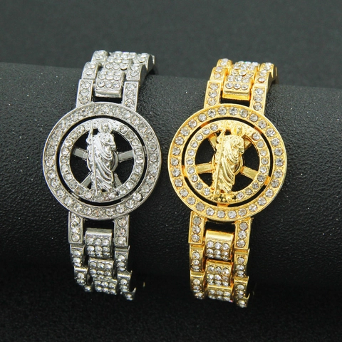 Bracciale Cinturino In Lega Con Strass Hip Hop Da Uomo Con Ritratto Ruotabile Gioielli Bling