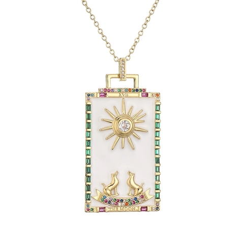 Tarot Card Pendant Necklace Gold Plated Copper Colorful Zircon Enamel Vintage Rectangular Jewelry For Women Men