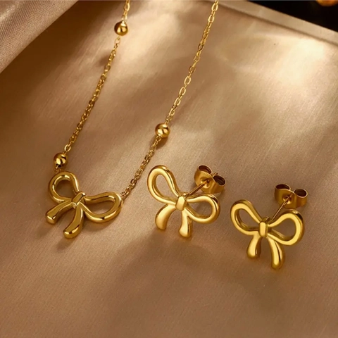 Elegant Bowknot Stainless Steel Gold Plated Necklace And Stud Earrings For Women Minimalist Dainty Fashion Jewelry