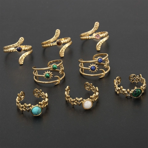 Gold Plated Stainless Steel Adjustable Open Ring Natural Stone Celestial Sun Moon Star Boho Style Women Jewelry