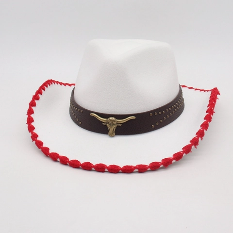 Sombrero de Vaquero del Oeste Retro Fedora de Fieltro Con Insignia de Cabeza de Toro Banda de Cuero Remaches Borde Trenzado Sombrero de Sol