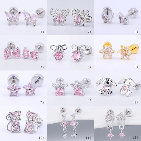 Orecchini a Bottone in Acciaio Inossidabile 316L Rame Zirconia per Cartilagine Farfalla Cuore Animale Gioielli Donna