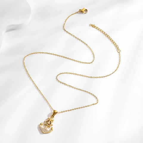Collana con Ciondolo a Ancora in Acciaio Inossidabile Placcato Oro 18K per Donna Personalizzata Zirconia Gioielli Nautici