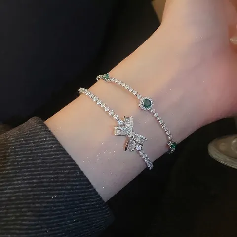 French Bow Knot Zircon Bracelet And Green Gemstone Tennis Chain Adjustable Copper Jewelry For Women Wedding Anniversary Elegant
