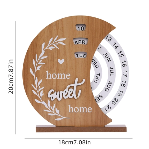 Wooden Perpetual Calendar Manual Rotating Desk Ornament Moon Shape Home Office Desktop Decoration Home Sweet Home