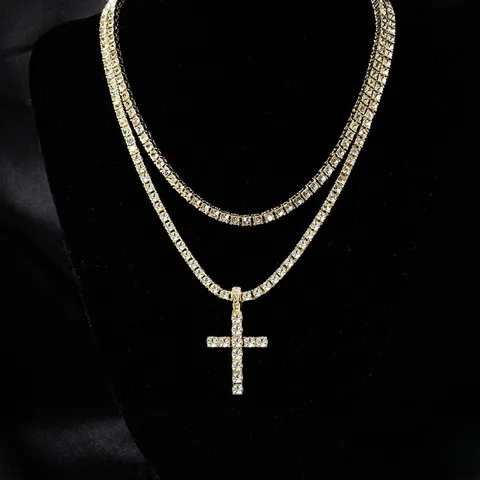Collana Con Ciondolo a Croce Hip Hop da Uomo Lega di Zinco Pave Strass Catena Tennis Corda Gioielli Regalo
