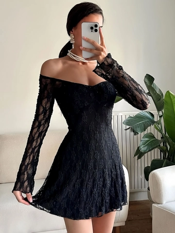 Mini Abito Pizzo Spalle Scoperte Manica Lunga Traforato Floreale Sexy Party Aderente Elegante Per Donne