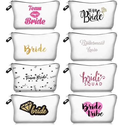 Bride Makeup Bag Polyester Zipper Toiletry Pouch With Handle For Wedding Party Bridesmaid Gift Travel Cosmetic Storage