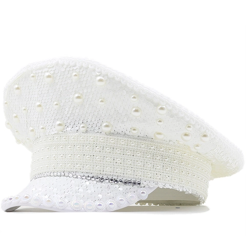Cappello Da Capitano Con Paillettes Bianche Künstliche Perle Strass Stile Militare Vintage Per Sposa Festa Spettacolo