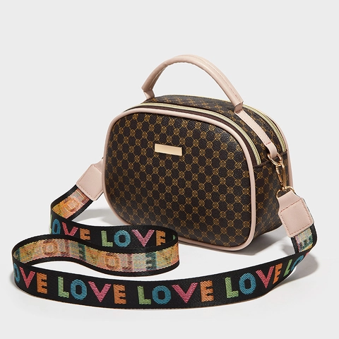Women Vintage Geometric Printed PU Leather Crossbody Bag Wide Woven LOVE Strap Handbag Top Handle Double Zipper