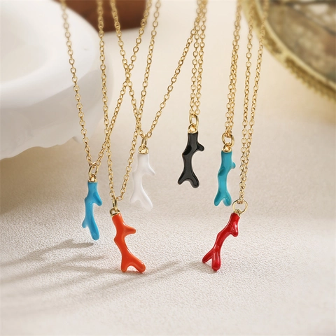 Enamel Coral Branch Pendant Necklace Copper Gold Plated Colorful Small Dainty Jewelry For Women