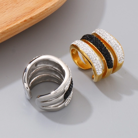Anillo Ancho Multicapa Ajustable De Acero Inoxidable Con Circonitas Negras Y Blancas Joyería Geométrica Para Mujer