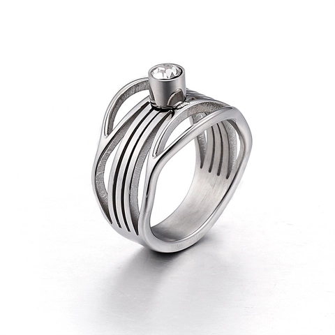 Stainless Steel Multi Layer Hollow Ring Geometric Zirconia Inlaid Modern Fashion Jewelry For Women