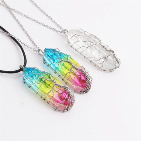 Tree Of Life Crystal Pillar Necklace Stainless Steel Chain Wire Wrapped Pendant Handmade Boho Jewelry For Women