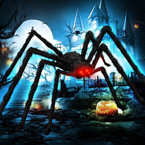 Halloween Spinne Spinnennetz Dekoration Schwarzer Plüsch Mit LED Rot Leuchtenden Augen Für Outdoor Gruselparty Requisite