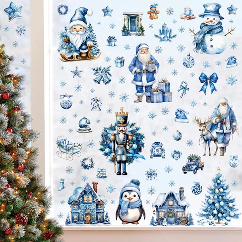 9 Blatt Weihnachten Fensteraufkleber Aquarell Blau Weihnachtsmann Schneemann Rentier Schneeflocke PVC Statische Glasdeko