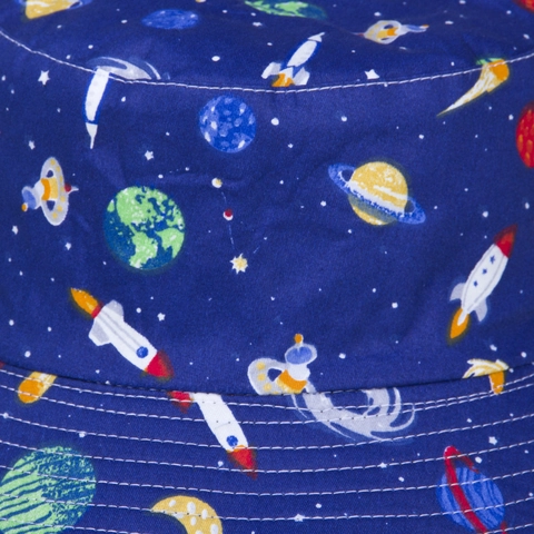 Cappello Alla Pescatora Reversibile Cotone Donne Bambini Stampa Spazio Razzo Protezione Solare Pieghevole Blu