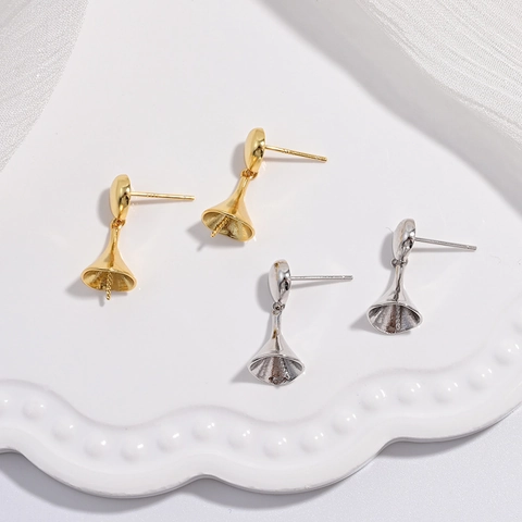Boucles d'Oreilles en Argent Sterling 925 en Forme de Trompette Base de Perle Miroir Lisse Goutte Cloche Composants DIY Bijoux