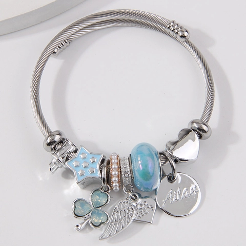 Stainless Steel Alloy Charm Bracelet Adjustable Wire Cable Heart Angel Wing Star Clover Beads Jewelry For Women