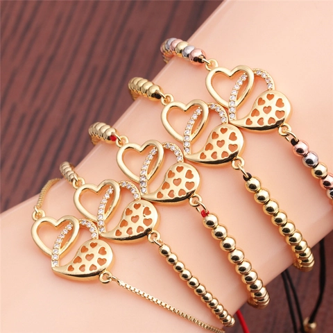 Double Heart Bracelet Copper Cubic Zirconia Adjustable Slider Chain Interlocking Hearts Jewelry For Women