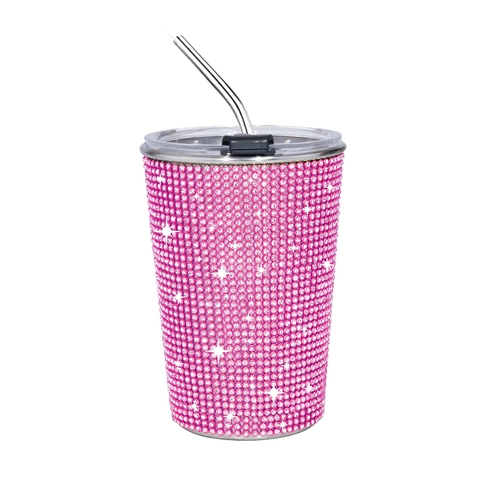 Bling Rhinestone Inlaid Stainless Steel Tumbler With Straw Portable Travel Water Cup Luxury Sparkly Straight Body Mug