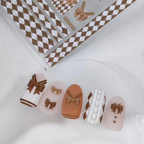 3D Geprägte Nagelaufkleber Selbstklebende Relief Aufkleber Schleife Strickmuster Herbst Winter Vintage Maniküre Dekoration