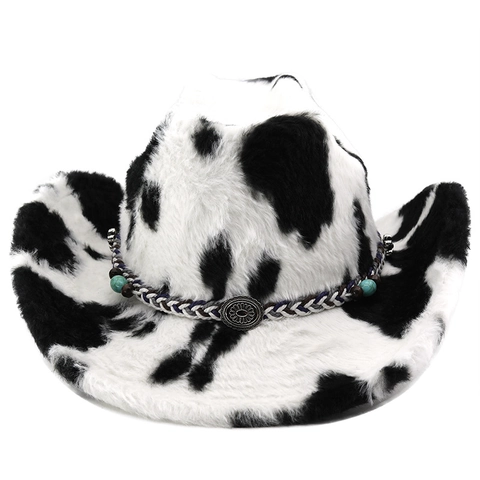 Cappello Da Cowboy Western Pelliccia Sintetica Peluche Stampa Mucca Fascia Intrecciata Perline Turchese Fibbia Metallo