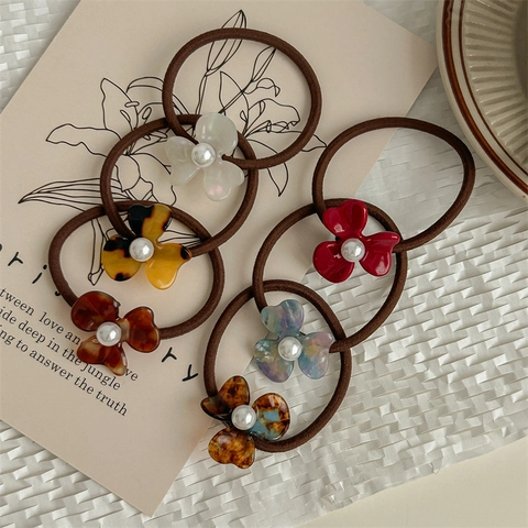 French Vintage Acetate Camellia Flower Hair Tie With Artificial Pearl Elastic Rubber Band Elegant Floral Hair Accessories For Women