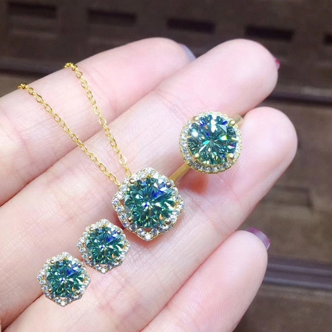 Set Gioielli Donna Rame Placcato Oro Moissanite Blu Verde 3 Carati Cuori Frecce Ciondolo Halo Collana Anello Orecchini