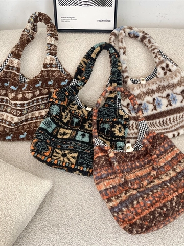 Borsa Tote In Peluche Donna Grande Capacità Motivo Etnico Pelliccia Sintetica Morbida Borsa A Spalla Inverno