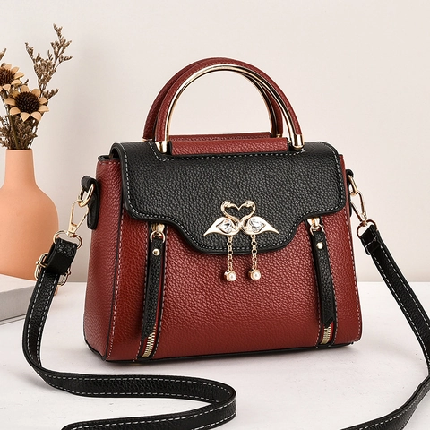 Bolso de Mano de Moda para Mujer con Bloque de Color Cuero de PU Textura de Litchi Bandolera con Decoración de Cisne