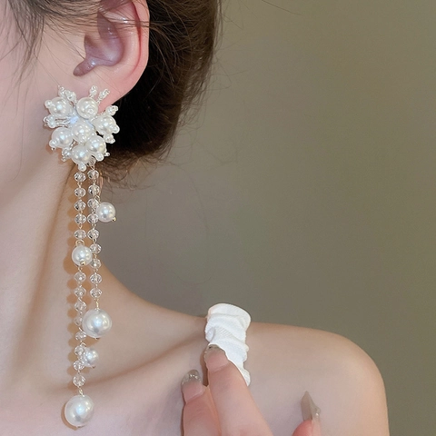 Orecchini A Pendente Con Nappa Floreale Con Imitazione Perla Artificial Cristallo Lega E Perno In Argento Gioielli Eleganti Da Sposa Donna