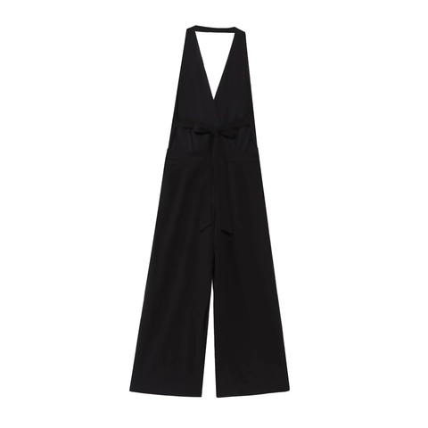 Damen Halter Jumpsuit Baumwolle Leinen Rückenfrei V Ausschnitt Ärmellos Weites Bein Hohe Taille Elegant Abend