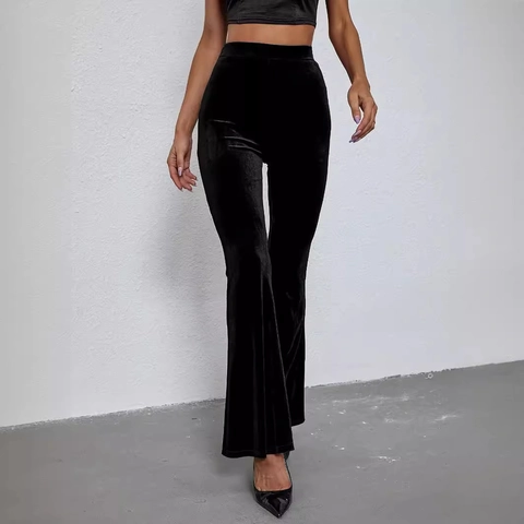 Women High Waist Black Velvet Flared Pants Vintage Slim Fit Bell Bottom Trousers Solid Color Elegant Retro Fashion