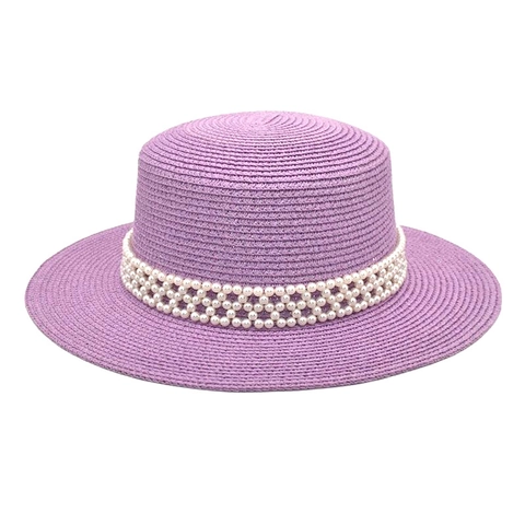 Women Boater Hat Woven Straw Flat Top Wide Brim With Artificial Pearl Trim Summer Sun Protection Breathable Elegant Beach Travel