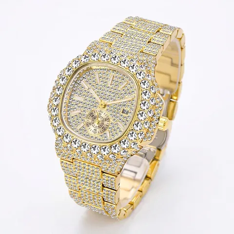 Luxury Men Iced Out Square Quartz Watch Waterproof Luminous Calendar Hip Hop Fashion Rhinestone Embellished Analog Wrist Watch