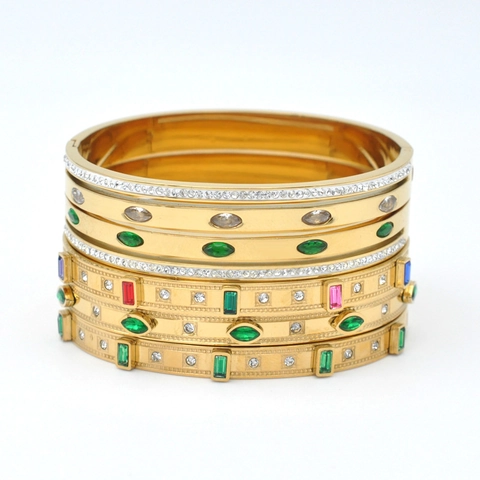 Bangle Bracelet Stainless Steel 18K Gold Plated Colorful Zirconia Gemstone Vintage Luxury Open Cuff For Women