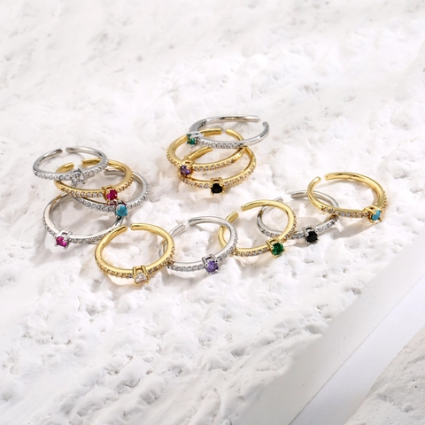 Minimalist Copper Adjustable Ring With Colorful Round Zirconia Micro Pave Open Design Elegant Jewelry For Women