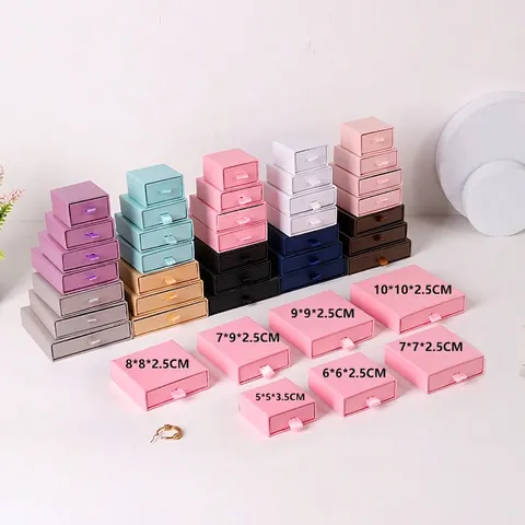 Jewelry Gift Boxes Drawer Style Cardboard Paper Packaging Case With Ribbon Pull Handle For Ring Necklace Earring