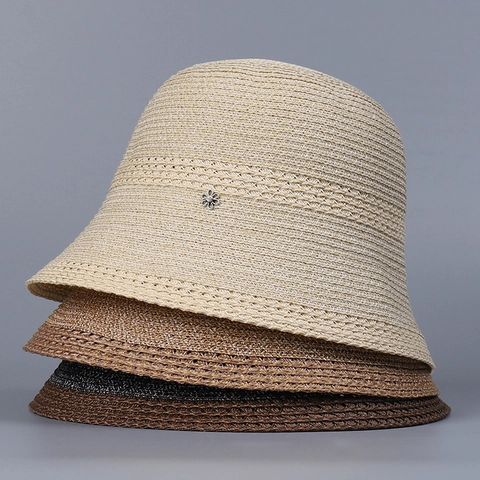 Cappello Alla Pescatora Donna Paglia Di Carta Poliestere Intrecciato Pieghevole Parasole Stile Giapponese Elegante Fiore Perla Artificial